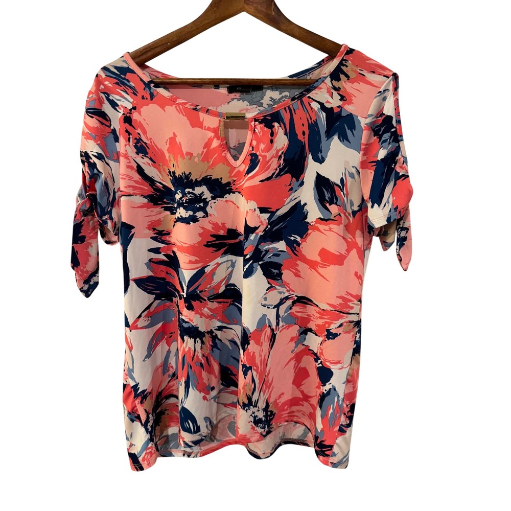 Espresso Floral Blouse Womens Large Coral Navy Cold Shoulder Keyhole Top‎